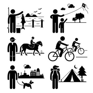 Pode incluir: Ilustrações em preto e branco de figuras de pau que representam várias atividades ao ar livre, incluindo pesca, voar papagaios, andar a cavalo, andar de bicicleta, passear com um cão e acampar.