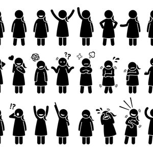 May include: A set of 30 black and white stick figure illustrations depicting a woman in various poses and expressions. The woman is shown with different facial expressions, including happy, sad, angry, confused, and surprised. The woman is also shown in different poses, including standing, sitting, and lying down.