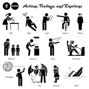 Puede incluir: Ilustraciones en blanco y negro de figuras de palo que representan acciones, sentimientos y emociones. Las palabras "Sift", "Sigh", "Sign", "Signal", "Silent", "Silence", "Simmer", "Sing", "Simulate", "Simplify", "Sin", "Simper" y "Sink" están etiquetadas debajo de cada ilustración.