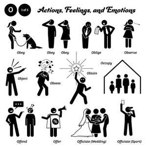May include: Black and white infographic illustrating various actions, feelings, and emotions. The image includes stick figures depicting concepts like "Obey," "Oblige," "Observe," "Obtain," and "Offer," along with other related terms.