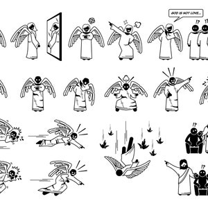 Puede incluir: Ilustración en blanco y negro de líneas de ángeles en varias poses. Algunos ángeles están cayendo, otros están volando y otros están de pie. El texto "GOD IS NOT LOVE..." está en un globo de diálogo sobre los ángeles.
