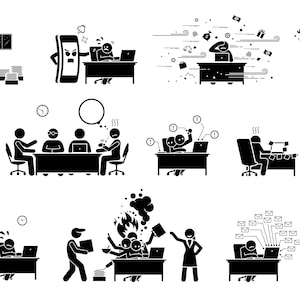 Peut inclure: Illustrations en noir et blanc de personnages en bâton représentant différents scénarios de travail de bureau, notamment le stress, les délais, le multitâche et les distractions.