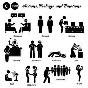 May include: Black and white stick figure illustrations depicting various actions, feelings, and emotions. The words "Converse", "Convert", "Convey", "Convict", "Convince", "Convulse", "Cook", "Cool", "Cooperate", "Coordinate", "Cope" are listed below the illustrations.