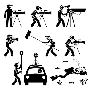 Videographer Filmmaker Cameraman Shooting Video Footage Film Producer Big Video Camera Gears 360 Degree Car Underwater Icons PNG SVG Vector