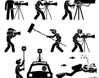 Videographer Filmmaker Cameraman Shooting Video Footage Film Producer Big Video Camera Gears 360 Degree Car Underwater Icons PNG SVG Vector