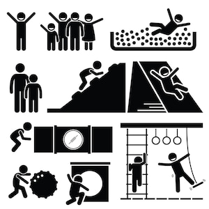 Può includere: Illustrazione in bianco e nero di un parco giochi al coperto per bambini con varie attività, tra cui una parete da arrampicata, uno scivolo, una piscina di palline, una scala di corda e un'altalena.