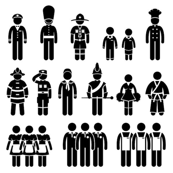 Uniform Outfit Clothing Wear Captain Scout Guard Student Chef Fireman Soldier Army Sailor Trainee Employee Worker Staff Icons SVG PNG Vector