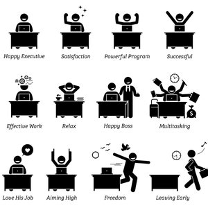 May include: Black and white stick figure illustrations depicting various work scenarios, including a happy executive, satisfaction, a powerful program, successful, effective work, relaxing, a happy boss, multitasking, loving one's job, aiming high, freedom, and leaving early.