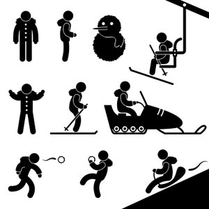 Winter Activity Activities Chairlift Skier Skiing Ski Snowmobile Snow Vehicle Snowball Fight Sledding People Playing Snowman PNG SVG Vector