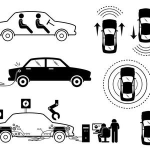 May include: Black and white illustration of a car with different features. The first image shows a car with two people inside. The second image shows a car with sensors and a circle around it. The third image shows a car being charged with an electric cord. The fourth image shows a car with a robotic arm and wires connected to it. The fifth image shows a car with sensors and a circle around it. The sixth image shows a car with a computer screen and a person sitting in front of it. The seventh image shows a car with sensors and a circle around it.