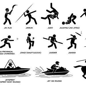 May include: Black and white stick figure illustrations of various sports starting with the letter J.  Sports include Jai Alai, Javelin, Judo, Jujutsu, Jokgu, Joggling, Jeu Provençal, Jianzi, Jugger, Jukskei, Jorkyball, Jetsprint, Jet Ski Racing, and Jereed.