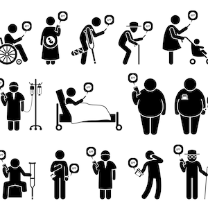 May include: Black and white stick figure illustrations of people using a mobile app. The people are in various situations, including sitting in a wheelchair, pregnant, using crutches, walking with a cane, pushing a stroller, in a hospital bed, overweight, and elderly.