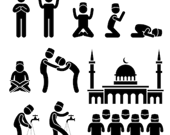 Islam Musulmana Religión Mezquita Ora Oraremos Orando Allah Dios Tradición Santo Corán Libro Personas Seguidores Descarga Instantánea Iconos PNG SVG Vector