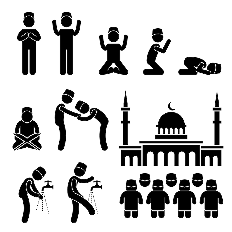 May include: A black and white illustration depicting various figures in prayer and worship, including a mosque, people washing, and individuals in different prayer poses. The figures are wearing traditional caps.
