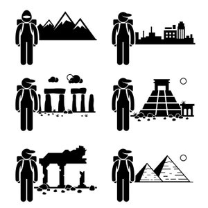 May include: A black and white illustration of a traveler with a backpack visiting different landmarks around the world. The traveler is shown in front of mountains, a city skyline, Stonehenge, a Mayan pyramid, and the pyramids of Egypt.