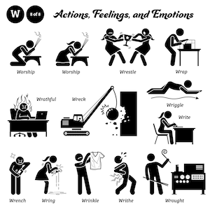 Könnte beinhalten: Schwarz-weiße Strichmännchen-Illustrationen, die verschiedene Aktionen, Gefühle und Emotionen darstellen. Die Wörter "Worship", "Wrestle", "Wrap", "Wrathful", "Wreck", "Wriggle", "Write", "Wrench", "Wring", "Wrinkle", "Writhe" und "Wrought" sind unter jeder Illustration beschriftet.