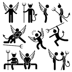 Op de afbeelding: Zwart-witte stick figure illustraties die engelen en duivels in verschillende poses afbeelden. Sommige figuren hebben vleugels, hoorns en halo's. Sommige figuren houden een drietand vast. Sommige figuren vechten. Sommige figuren zitten op een bank.