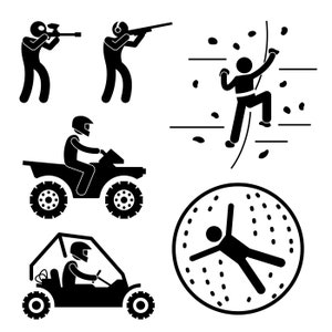 Ekstremalna gra Paintball Clay Strzelanie z broni Wspinaczka skałkowa Quad Jazda na rowerze Buggy Zorb Ball Sport Natychmiastowe pobieranie ikon graficznych PNG SVG Wektor