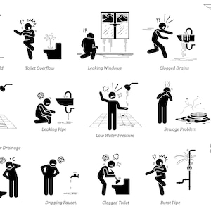 May include: Black and white stick figure illustrations depicting common plumbing problems in a home, such as a leaking roof, a clogged toilet, a burst pipe, and a leaking faucet.