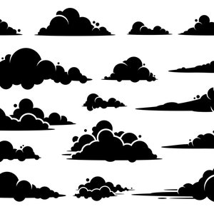 May include: A set of 14 black silhouette cloud shapes in various sizes and styles, including puffy clouds, wispy clouds, and smoke-like clouds.