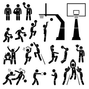 Jugador de Baloncesto Acción Poses Habilidades Habilidades Slam Dunk Rebote Bloqueo Desdisparo Pasando Dribble Bola Digital Descargar Icono PNG SVG Vector