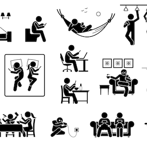 May include: Black and white stick figure illustrations showing people using their phones in various settings, including in bed, on a train, at a desk, in a hammock, and on a bicycle.