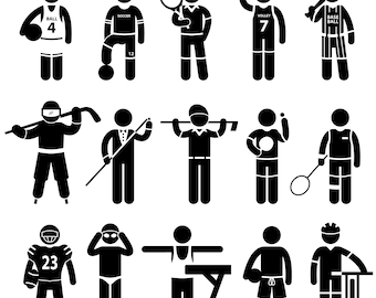 May include: Black and white stick figure illustrations of people playing various sports, including basketball, football, volleyball, baseball, hockey, snooker, swimming, gymnastics, and cycling.