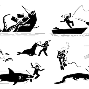Könnte beinhalten: Schwarz-weiß-Illustration verschiedener Gefahren im Meer. Ein Schiff wird von einem riesigen Kraken angegriffen, ein Taucher wird von einem Hai angegriffen, ein Fischer wird von einem Schwertfisch angegriffen, ein Mann wird von einer Robbe angegriffen, ein Taucher wird von einem Stachelrochen angegriffen und ein Mann wird von einem Krokodil angegriffen.