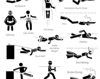 Swimmers Swimming Swim Gears Tools Equipment Training Kick Board Life Jacket Buoy Scuba Diving Paddle Snorkel Download Icons PNG SVG Vector