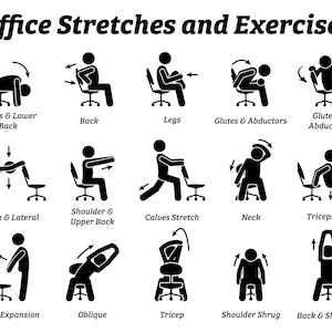 Office Stretches Exercises Relax Relaxation Technique Poses Postures Chair Muscle Strain Relief Stress Relieve Download SVG PNG EPS Vector