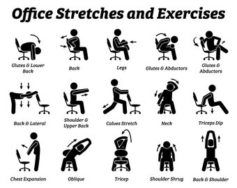 Office Stretches Exercises Relax Relaxation Technique Poses Postures Chair Muscle Strain Relief Stress Relieve Download SVG PNG EPS Vector