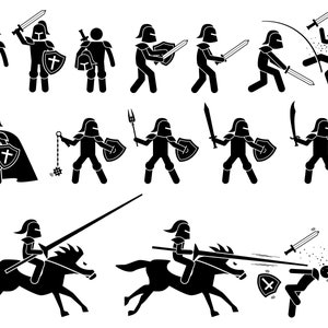 以下が含まれることがあります： 黒と白の棒人間イラストで、さまざまなポーズをとった騎士が描かれています。戦ったり、馬に乗ったり、剣や盾を持ったりしています。一部の騎士は兜と鎧を着用しています。
