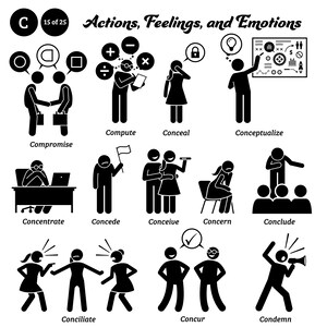May include: Black and white stick figure illustrations depicting various actions, feelings, and emotions.  The words "Actions, Feelings, and Emotions" are at the top of the image.  The words "Compromise", "Compute", "Conceal", "Conceptualize", "Concentrate", "Concede", "Conceive", "Concern", "Conclude", "Conciliate", "Concur", and "Condemn" are listed below each illustration.