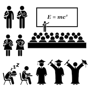 Könnte beinhalten: Schwarz-weiß-Illustration von Schülern in einem Klassenzimmer. Die Illustration zeigt einen Lehrer, der vor einer Tafel mit der Gleichung "E=mc^2" darauf vorträgt. Andere Schüler sitzen in Reihen und hören dem Vortrag zu. Es gibt auch Illustrationen von Schülern, die lernen, schlafen und ihren Abschluss machen.