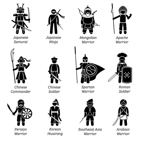 Ancient Old History Dynasty China Warriors Soldiers Military Fighters Outfit Armor Sword Helmet Weapon Instant Download Icons PNG SVG Vector