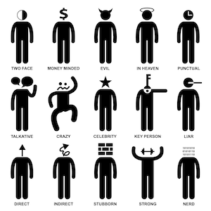 Puede incluir: Ilustraciones en blanco y negro de figuras de palo que representan diferentes rasgos de personalidad. Cada figura tiene un símbolo único en la cabeza que representa una característica, como un signo de dólar para "obsesionado con el dinero" o una estrella para "celebridad".