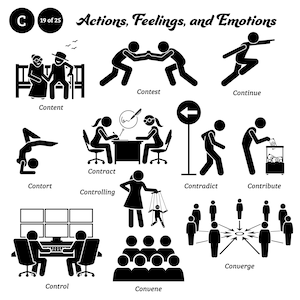 May include: Black and white stick figure illustrations depicting various actions, feelings, and emotions.  The words "Actions, Feelings, and Emotions" are at the top of the image.  The letter "C" and the number "19 of 25" are in the top left corner of the image.