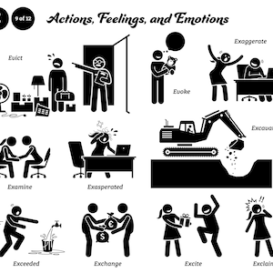 Puede incluir: Ilustraciones en blanco y negro de figuras de palo que representan diversas acciones, sentimientos y emociones. Las palabras "Desalojar", "Exagerar", "Evocar", "Excavar", "Examinar", "Exasperado", "Exceder", "Intercambiar", "Excitar" y "Exclamar" están incluidas en la imagen.