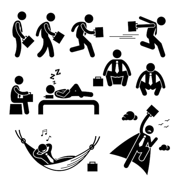 Businessman Business Man Walking Running Sleeping Sitting Squat Flying Resting Relaxing Hammock Stick Figure Download Icons PNG SVG Vector