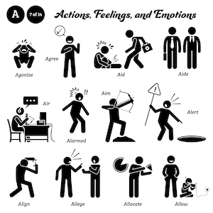 May include: Black and white stick figure illustrations depicting various actions, feelings, and emotions. The words "Actions, Feelings, and Emotions" are at the top of the image. The letter "A" and the number "7 of 14" are in the top left corner of the image. The words "Agree", "Agonize", "Aid", "Aide", "Aim", "Air", "Alarmed", "Alert", "Align", "Allege", "Allocate", and "Allow" are listed below each illustration.