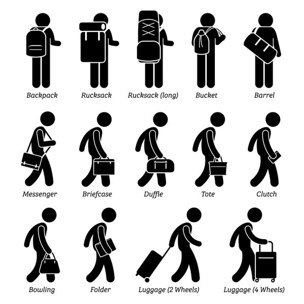 Man Male Bags Luggage Backpack Rucksack Bucket Barrel Messenger Briefcase Duffle Tote Clutch Bowling Folder Download Icons PNG SVG Vector