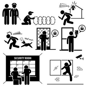 May include: Black and white stick figure illustrations showing security themes. Scenes include a guard, a person cutting barbed wire, a burglar, a dog, a security room, and a person climbing through a window.