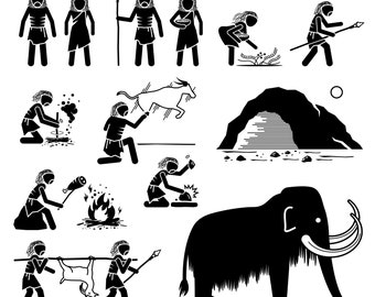 Prehistory Prehistoric Paleolithic Old Stone Age Ancient Human Primitive Caveman Era History Evolution Tribe Neanderthal SVG PNG EPS Vector