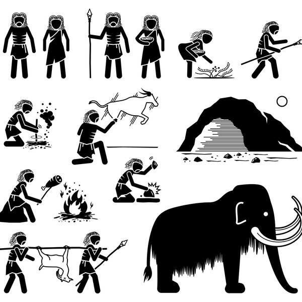 Prehistory Prehistoric Paleolithic Old Stone Age Ancient Human Primitive Caveman Era History Evolution Tribe Neanderthal SVG PNG EPS Vector