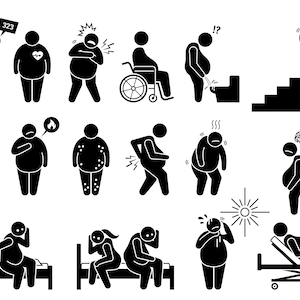 Symptoms fat obese obesity physical health problem overweight person physical mental issue stick figure unhealthy icons SVG PNG EPS Vector