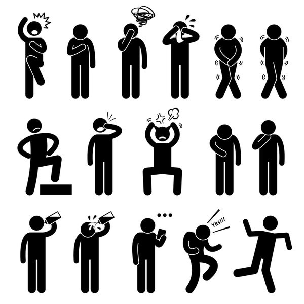 Stick Figure Human Man Feeling Expression Shocked Anxious Crying Drinking Urgent Urgency Pee Poo Celebration Pose Download PNG SVG Vector