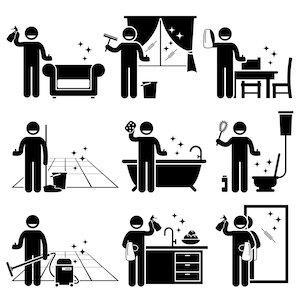 Man Washing Cleaning House Home Sofa Windows Furniture Floor Bathtub Toilet Bowl Kitchen Mirror Vacuum Cleaner Download Icons PNG SVG Vector