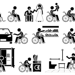 Könnte beinhalten: Schwarz-weiße Strichmännchen-Illustrationen von Menschen im Rollstuhl, die verschiedene Aktivitäten ausführen, darunter Autofahren, Einkaufen, Kochen und die Benutzung eines Badezimmers.