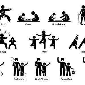 Op de afbeelding: Zwart-witte stick figure illustraties van verschillende activiteiten, waaronder martial arts, schaken, bordspellen, dansen, yoga, fitness, tennis, badminton, tafeltennis, basketbal en voetbal.