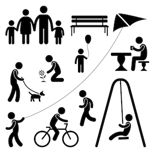 May include: Black and white stick figure illustration of a family, a park bench, a child flying a kite, a child playing with a balloon, a child playing on a swing, a child riding a bicycle, a child playing with a dog, a child planting a flower, and a child sitting at a table.